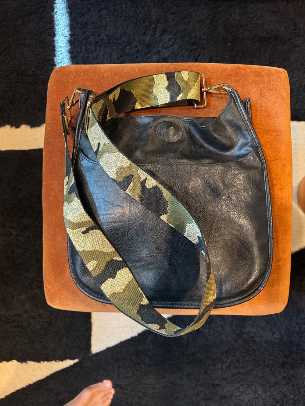 Ahdorned Classic vegan Black Leather Crossbody Bag with Camouflage Strap
